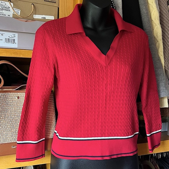 ⭐️BOGO FREE⭐️ TOMMY HILFIGER Cropped Cable Red-white-blue Sweater S - Picture 2 of 10